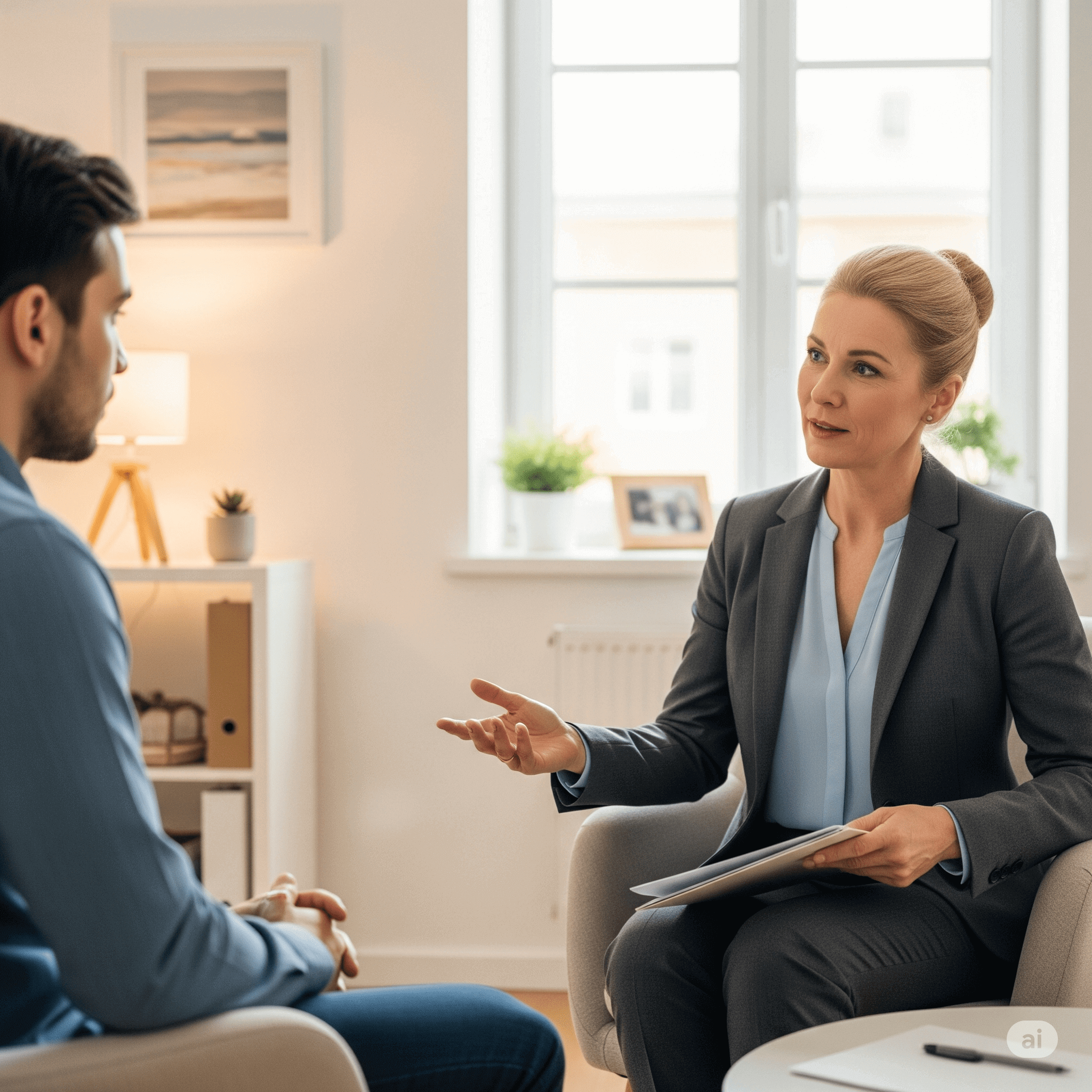 Ícono de terapia individual en blanco sobre fondo azul